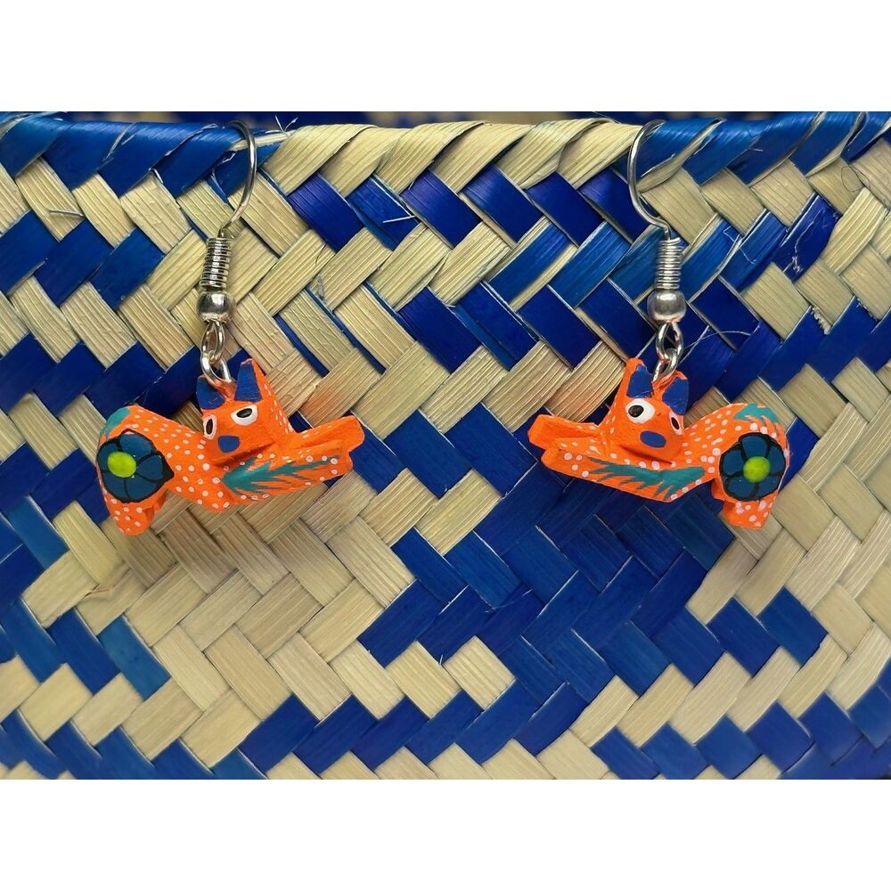 Orange Roadrunner Alebrije Earrings Hand Carved Painted Wood Oaxaca Mexican